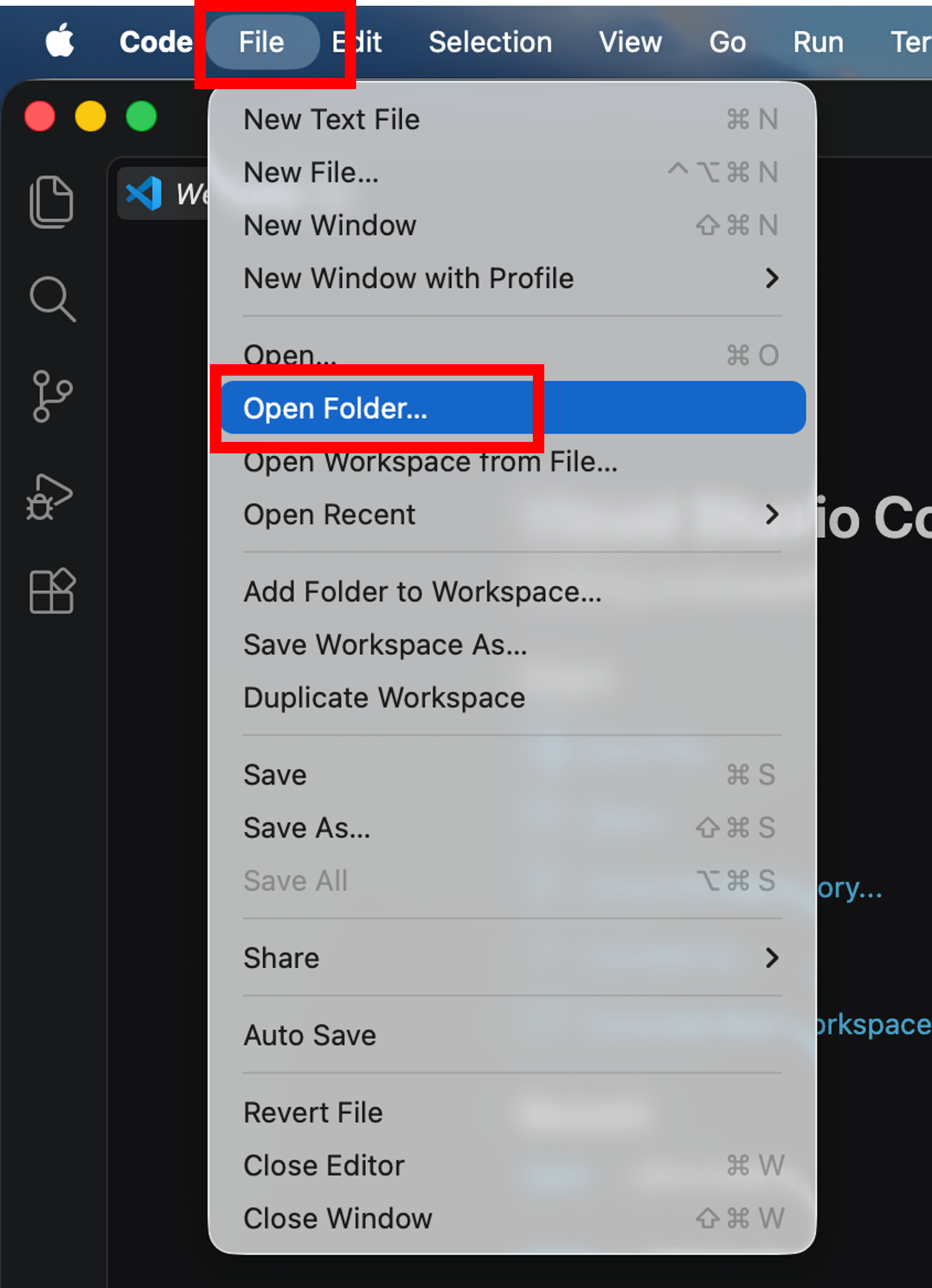 Mac版VS CodeでFileメニューからOpen Folderを選択する画面