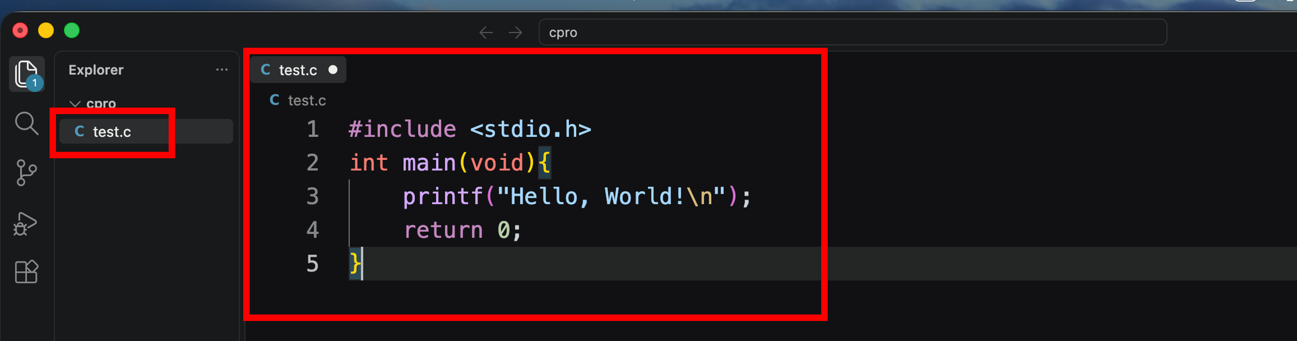Mac版VS Codeでtest.cにプログラムを入力した画面