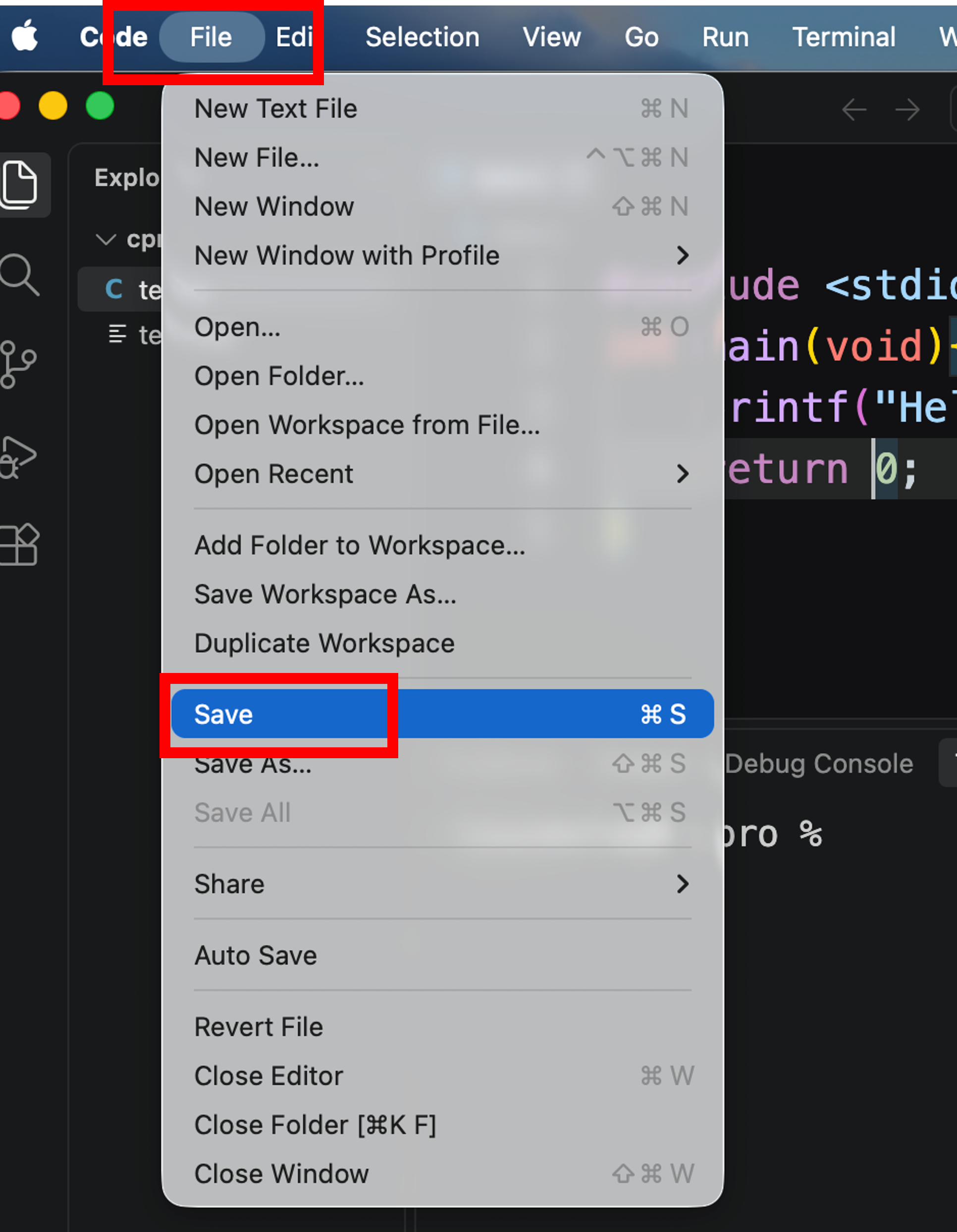 Mac版VS Codeでtest.cを保存する画面